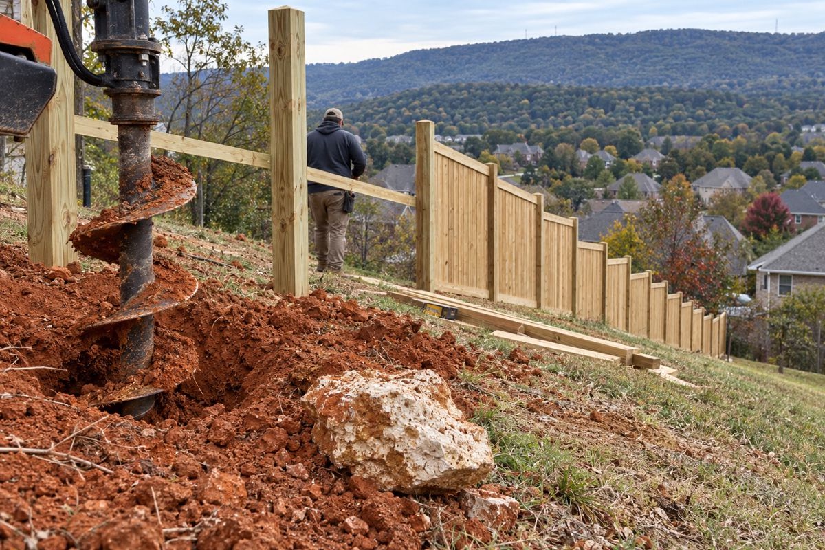 Fence panels stepping down a slope with a post hole in red clay