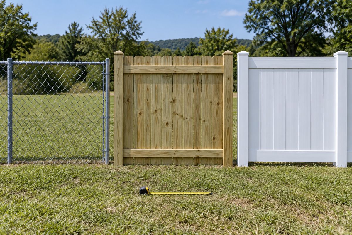 Chain link, wood and vinyl fence samples side by side on grass