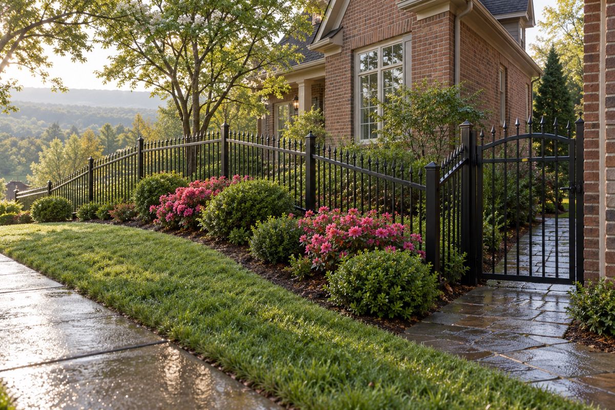 Black aluminum fence stepping down a sloped Alabama front yard