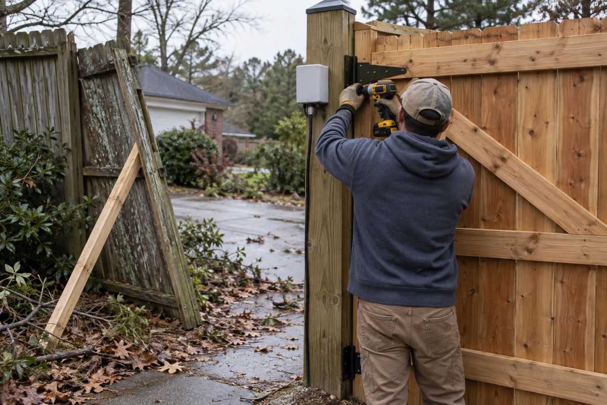 Worker re-hanging a sagging wood gate next to a leaning fence section