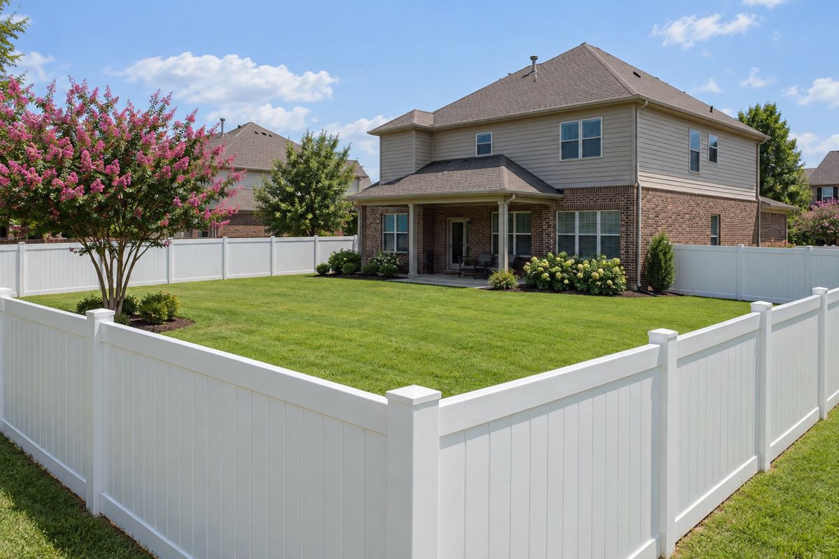 White vinyl privacy fence around a suburban back yard in Alabama