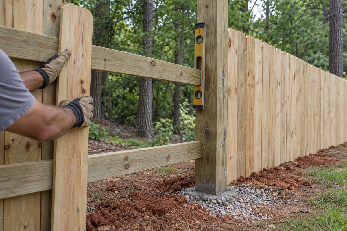 Gloved hands fixing pine pickets to rails on a wood fence